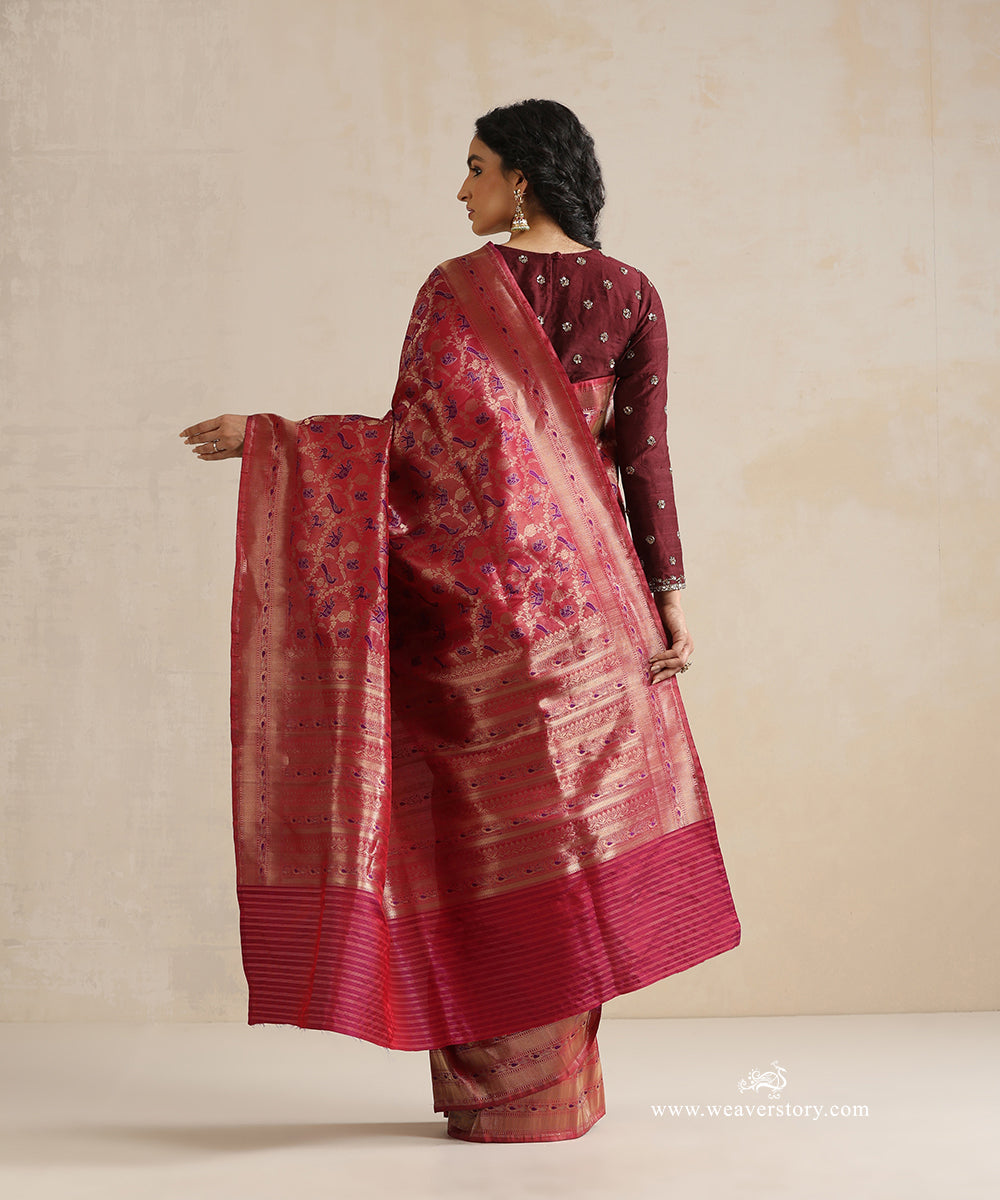 Handloom_Viva_Magenta_Pure_Satin_Silk_Banarasi_Tanchoi_Saree_With_Purple_Shikargah_Meena_WeaverStory_03
