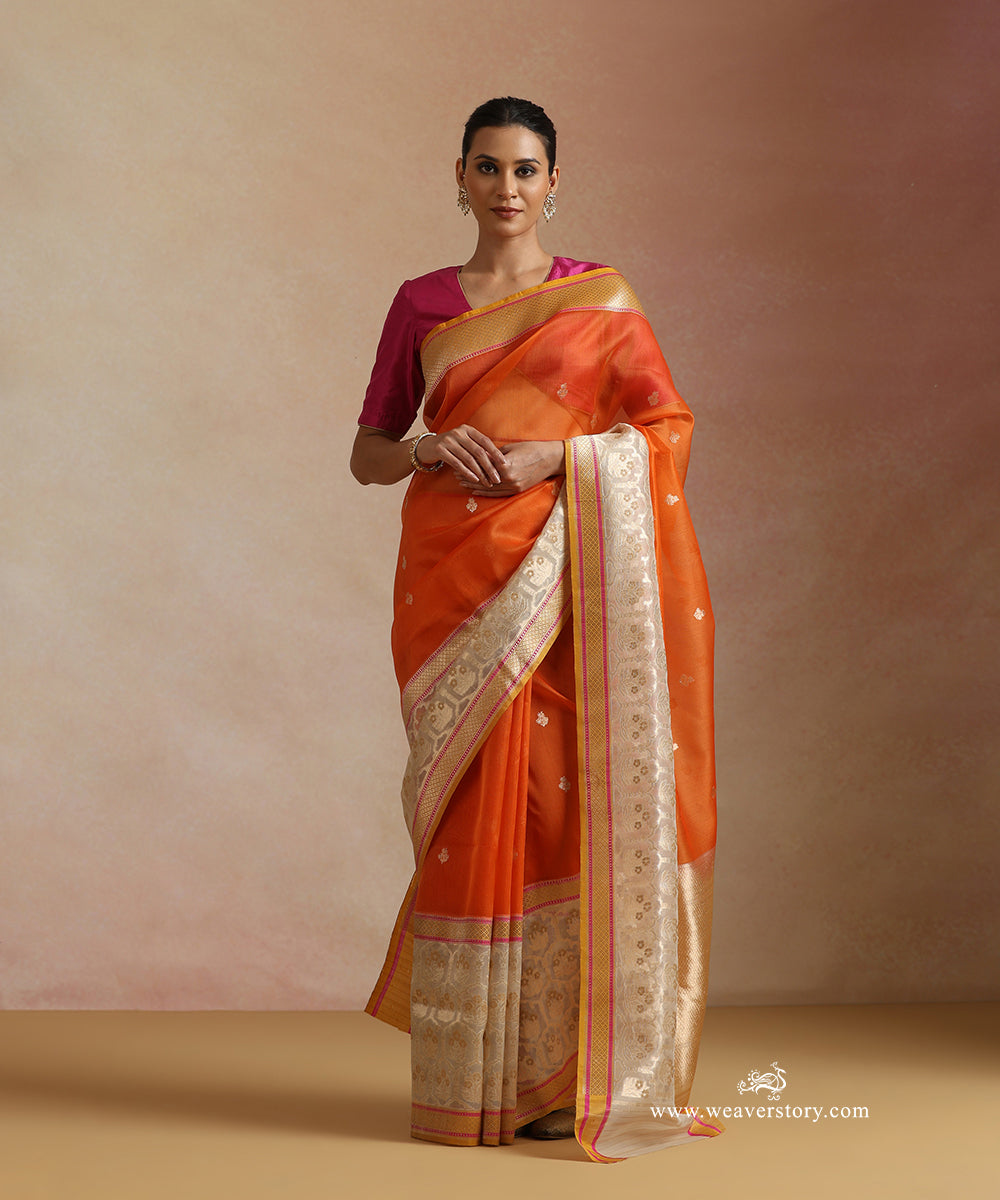 Orange_Handloom_Pure_Kora_Silk_Banarasi_Saree_With_Off_White_Kadiyal_Barder_And_Border_WeaverStory_02