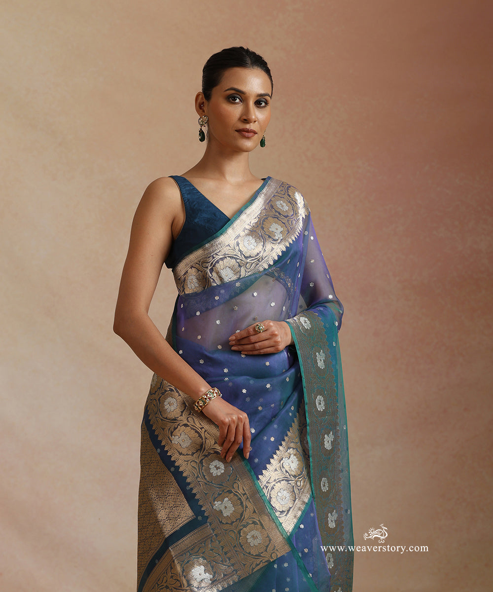 Peocock_Blue_Pure_Kora_Silk_Banarasi_Saree_With_Kadhwa_Sona_Rupa_Booti_WeaverStory_01