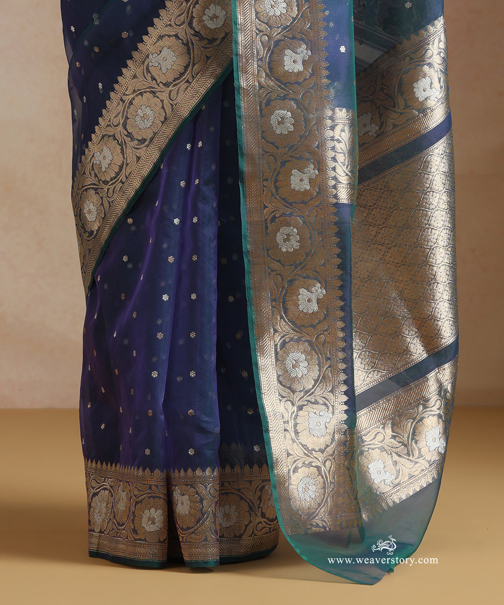 Peocock_Blue_Pure_Kora_Silk_Banarasi_Saree_With_Kadhwa_Sona_Rupa_Booti_WeaverStory_04
