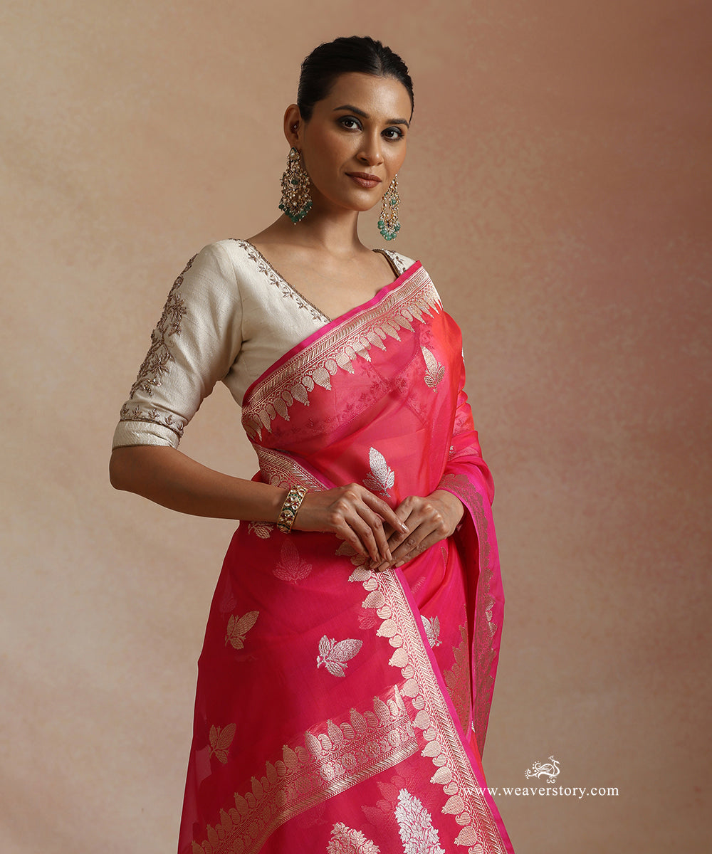 Hot_Pink_Pure_Kora_Silk_Banarasi_Saree_With_Kadhwa_Leaf_Boota_And_Guldasta_Motif_On_Pallu_WeaverStory_01