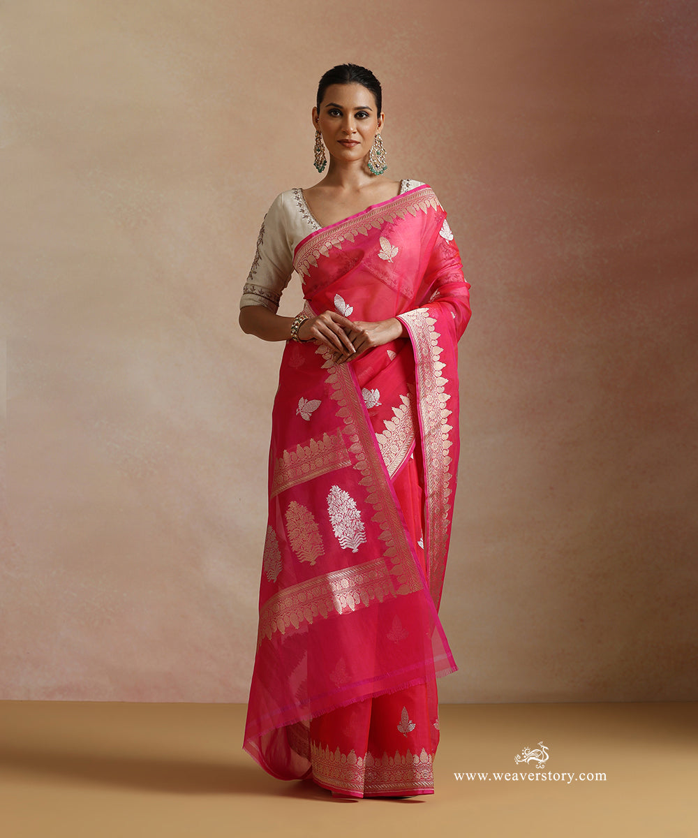 Hot_Pink_Pure_Kora_Silk_Banarasi_Saree_With_Kadhwa_Leaf_Boota_And_Guldasta_Motif_On_Pallu_WeaverStory_02