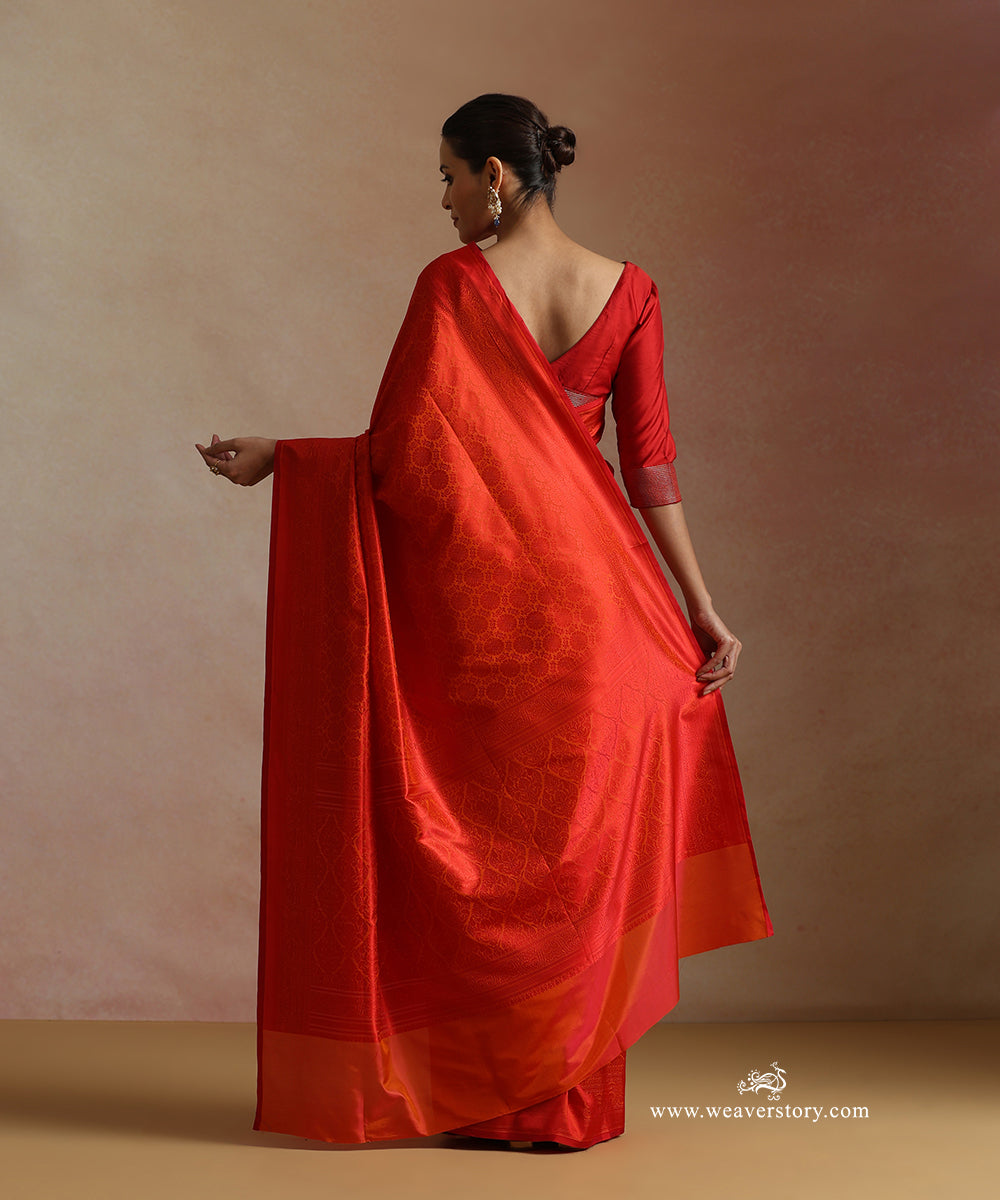 Orange_And_Red_Handloom_Pure_Katan_Silk_Resham_Tanchoi_Banrasi_Saree_With_Small_Floral_And_Red_Selvedge_WeaverStory_03
