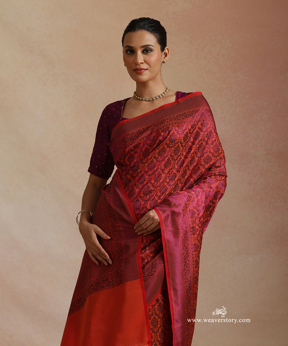 Orange_And_Blue_Handloom_Pure_Katan_Silk_Resham_Tanchoi_Banrasi_Saree_With_Flower_Jall_And_Red_Selvedge_WeaverStory_01