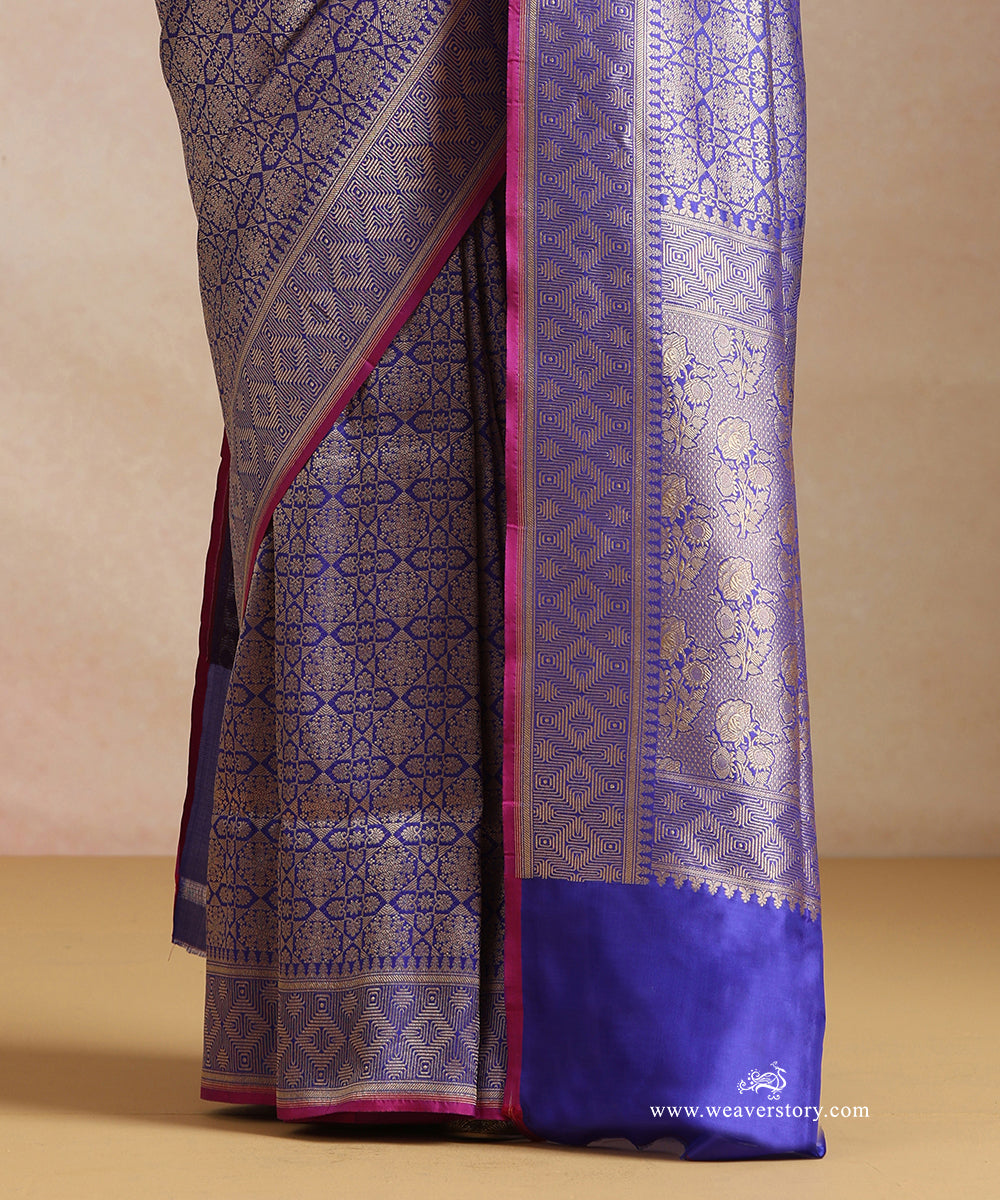 Electric_Blue_Handloom_Pure_Katan_Silk_Kimkhab_Banrasi_Saree_With_Purple_Selvedge_WeaverStory_04