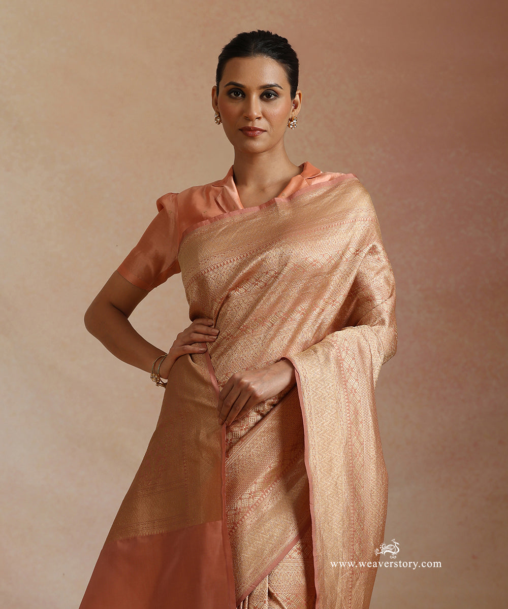 Peach Handloom Pure Katan Silk Kimkhab Banrasi Saree With Safron Border