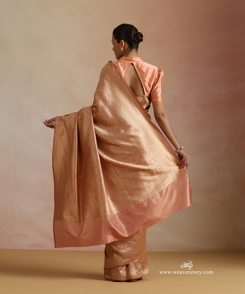 Peach Handloom Pure Katan Silk Kimkhab Banrasi Saree With Safron Border
