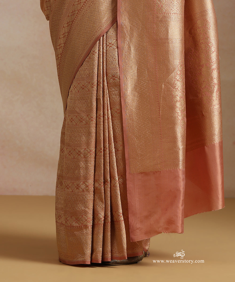 Peach Handloom Pure Katan Silk Kimkhab Banrasi Saree With Safron Border