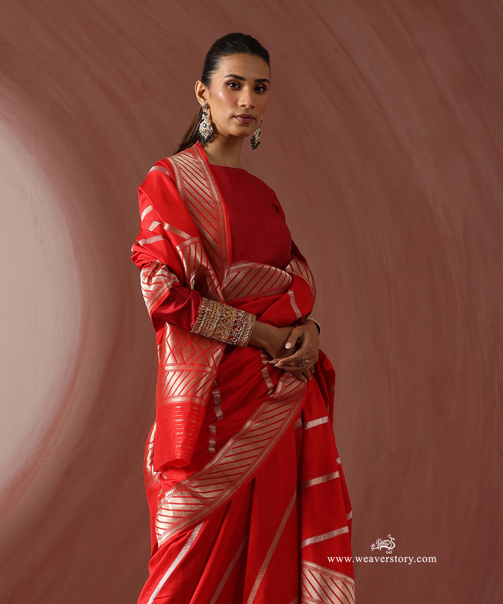 Red_Handloom_Pure_Katan_Silk_Saree_With_Gold_Silver_Stripes_WeaverStory_02