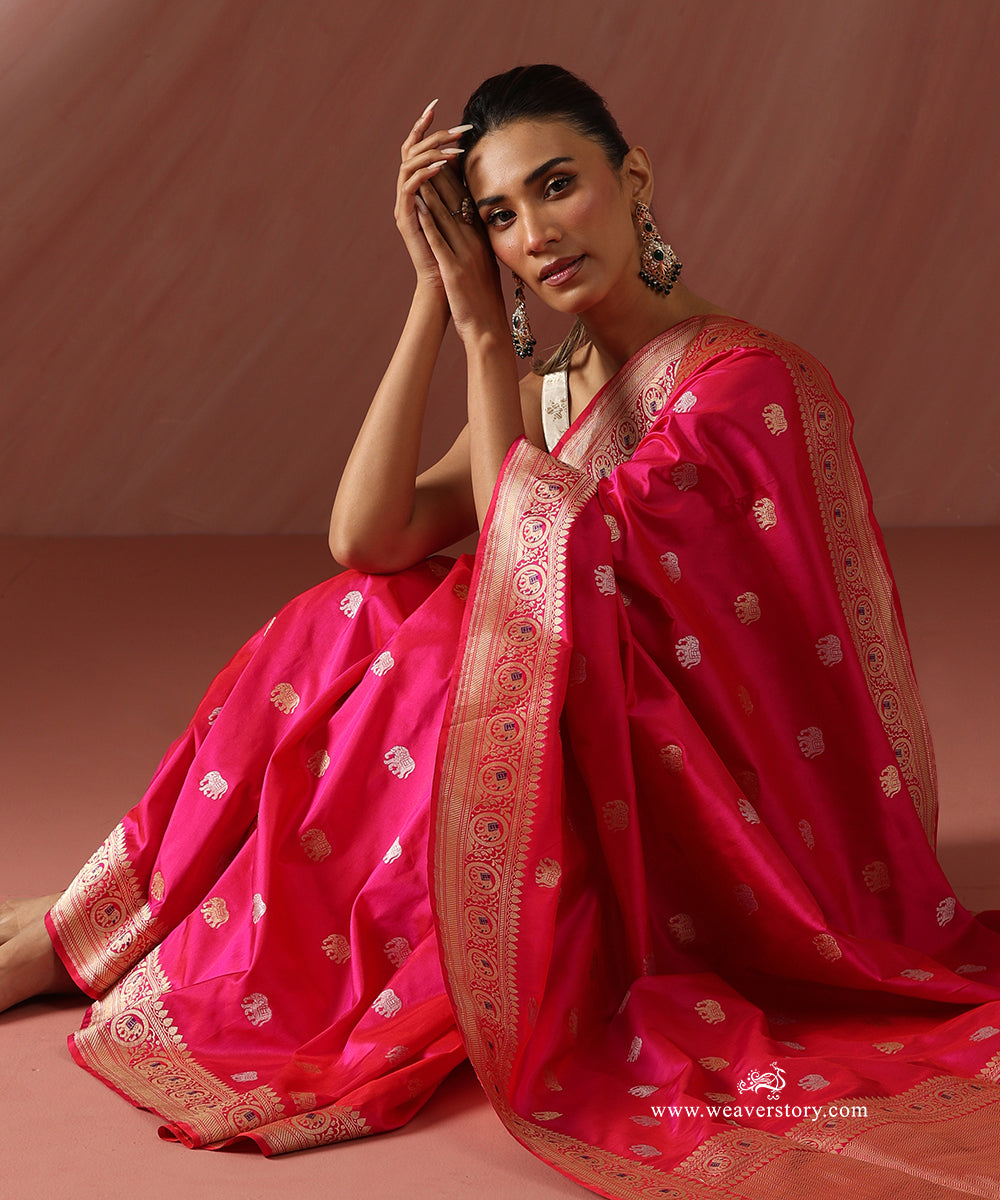 Rani_Pink_Handloom_Pure_Katan_Silk_Banarasi_Kadhwa_Saree_With_Elephant_Booti_And_Purple_Meena_WeaverStory_02