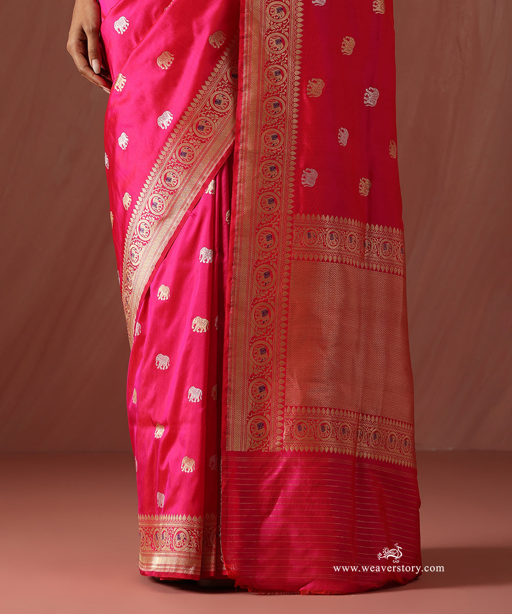 Rani_Pink_Handloom_Pure_Katan_Silk_Banarasi_Kadhwa_Saree_With_Elephant_Booti_And_Purple_Meena_WeaverStory_04
