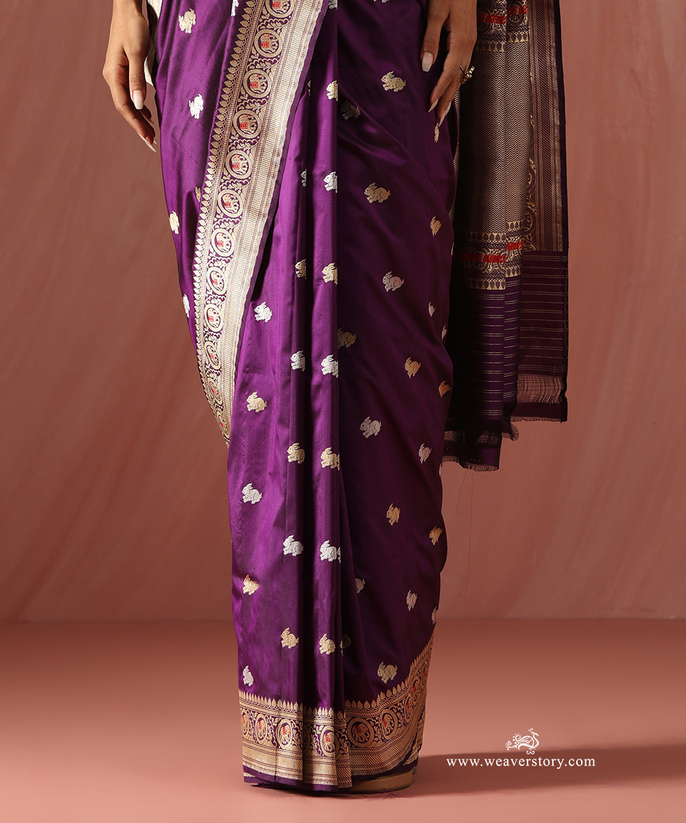 Purple_Handloom_Pure_Katan_Silk_Banarasi_Kadhwa_Saree_With_Rabbit_Booti_And_Meenakar_Elephant_On_Border_WeaverStory_04