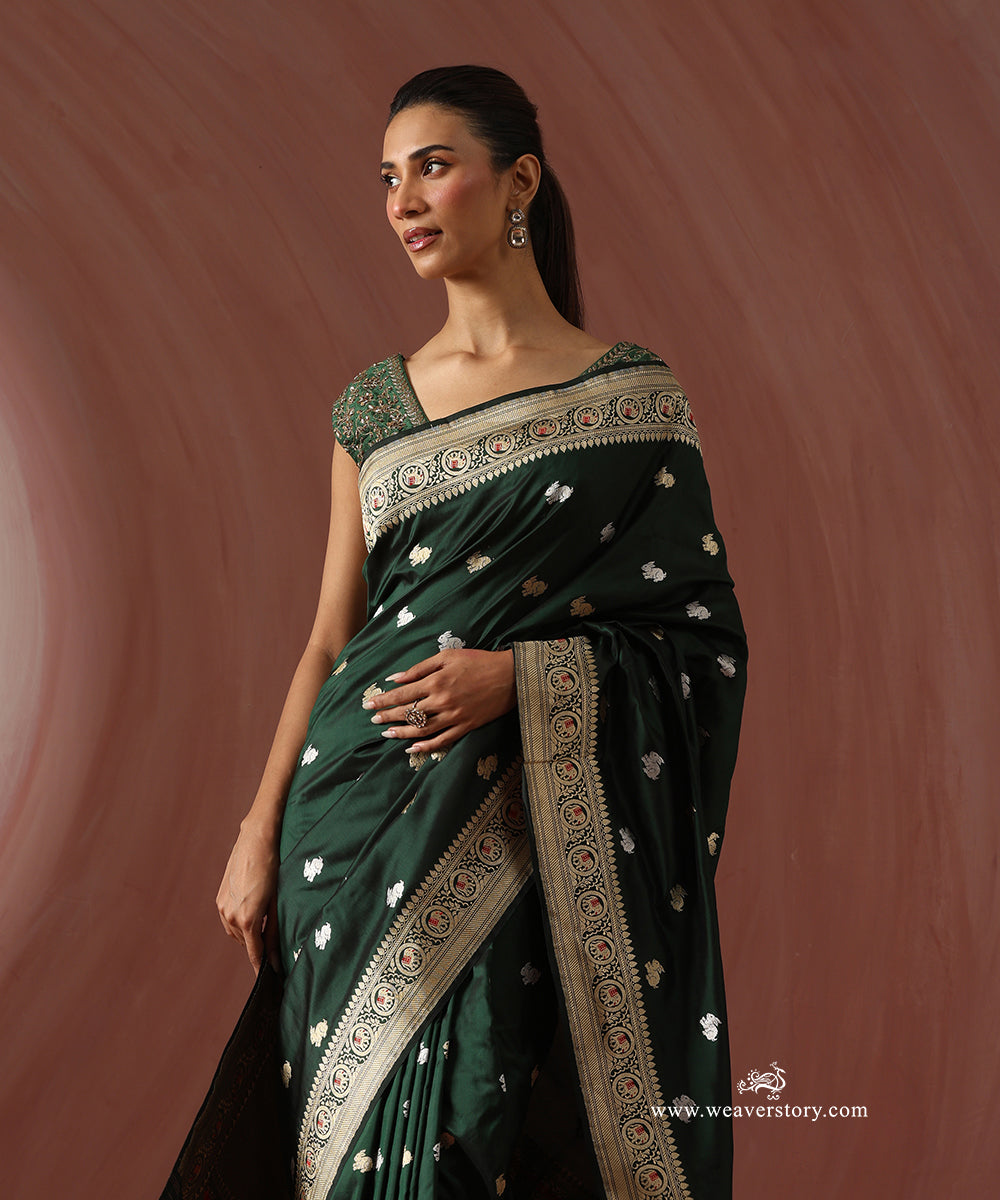 Bottle_Green_Handloom_Pure_Katan_Silk_Banarasi_Kadhwa_Rabbit_Booti_Saree_With_Meenakar_Elephant_On_Border_WeaverStory_02