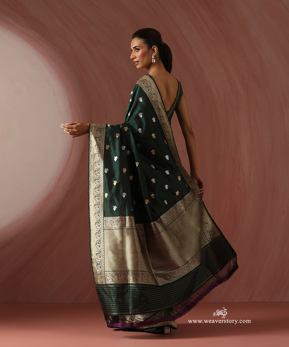 Bottle_Green_Handloom_Pure_Katan_Silk_Banarasi_Kadhwa_Rabbit_Booti_Saree_With_Meenakar_Elephant_On_Border_WeaverStory_03
