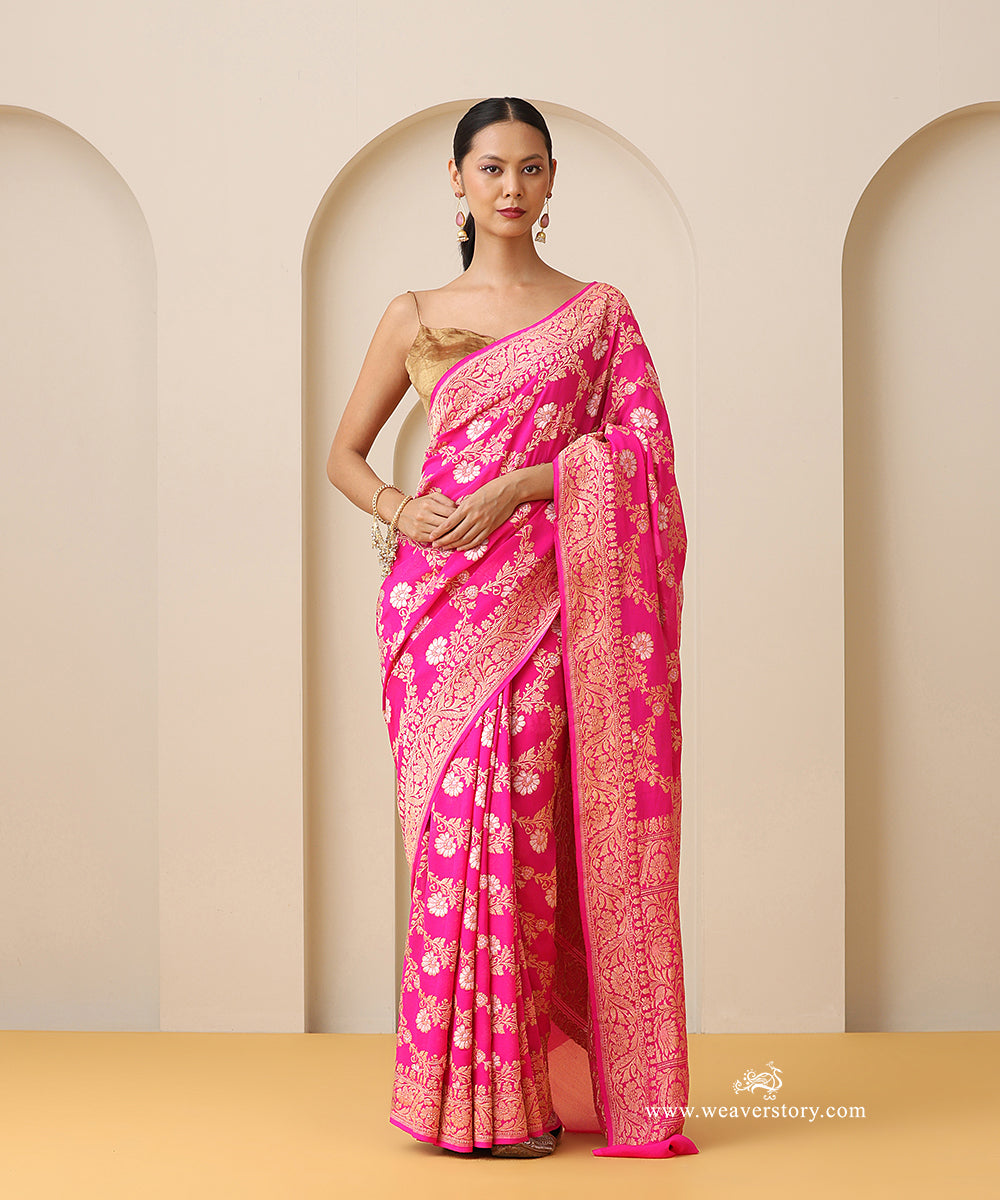 Pink_Handloom_Pure_Georgette_Banarasi_Kadhwa_Flower_Jaal_Saree_With_Sona_Zari_Border_WeaverStory_01