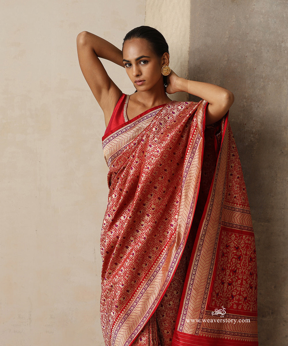 Vaidehi — Red Handloom Real Zari Banarasi Saree in Pure Katan Silk With Peacock & Elephant Motifs