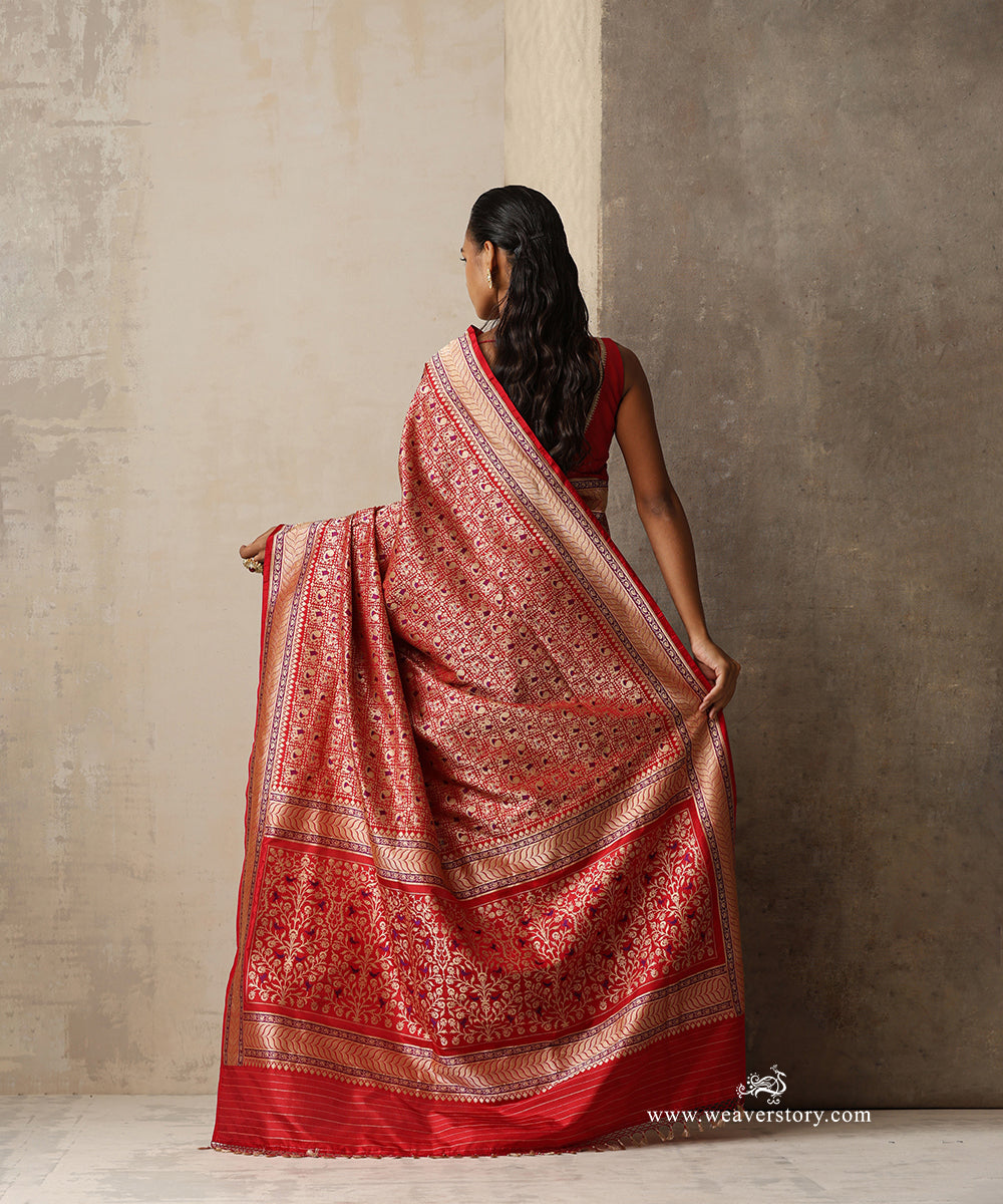 Vaidehi — Red Handloom Real Zari Banarasi Saree in Pure Katan Silk With Peacock & Elephant Motifs