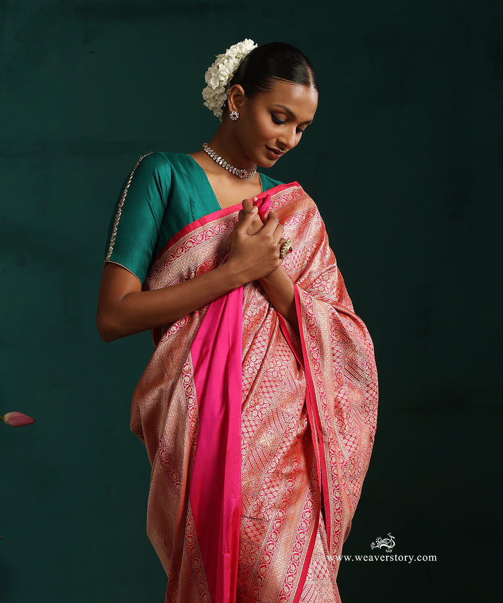 Handloom_Pink_Real_Zari_Pure_Katan_Silk_Square_Pattern_Banarasi_Saree_With_Leaf_And_Flowers_Motifs_WeaverStory_01