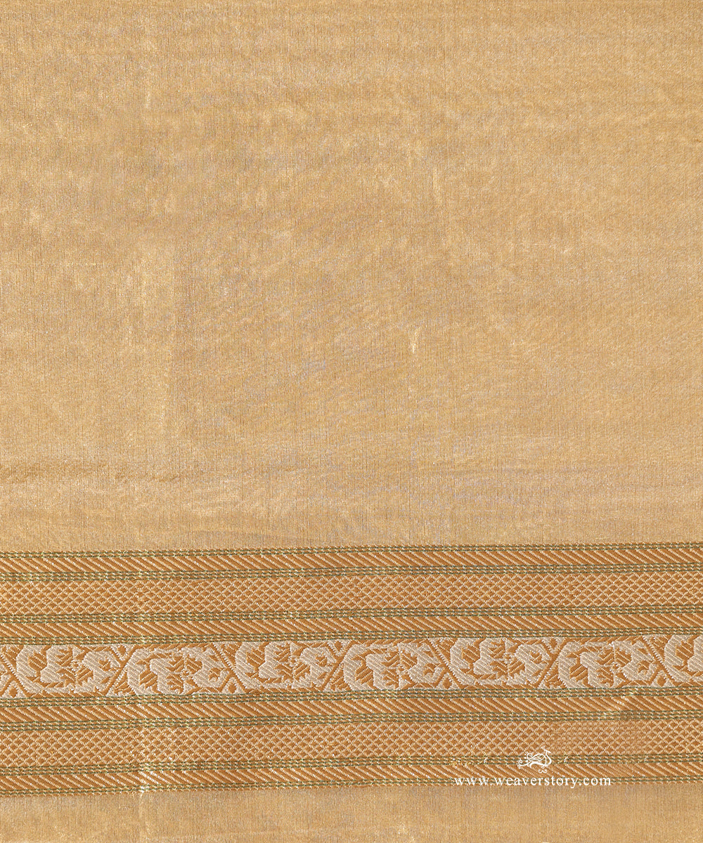Gold Handloom Pure Tissue Silk Banarasi Saree With Small Parrot Motifs With Pista Meenakari And Selvedge
