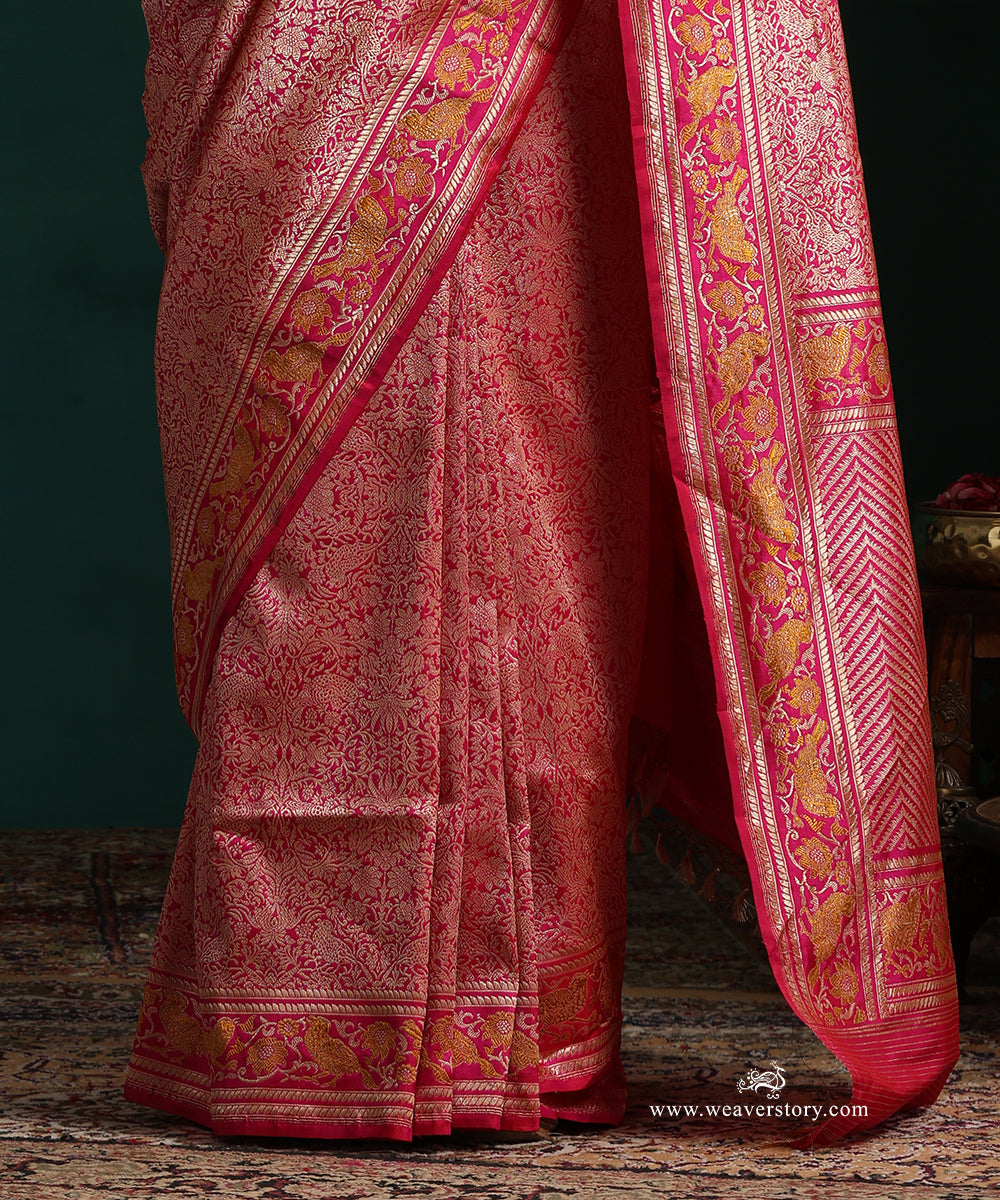 Pink_Handloom_Pure_Katan_Silk_Real_Zari_Shikargah_Banarasi_Saree_With_Mustard_Meena_Birds_On_Border_WeaverStory_04