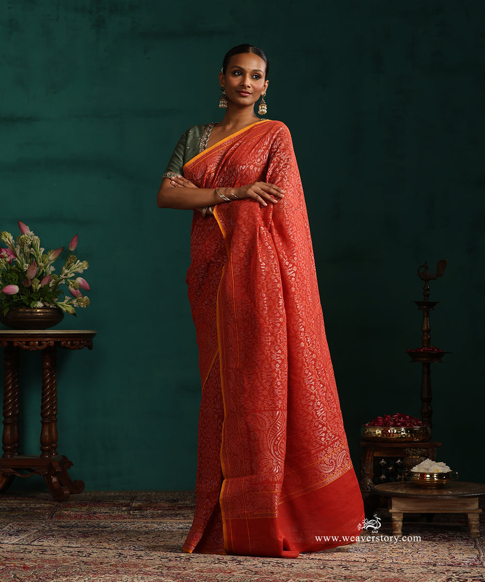 Red_Handloom_Pure_Cotton_Jamdami_Banarasi_Real_Zari_Saree_With_Yellow_Selvedge_WeaverStory_02