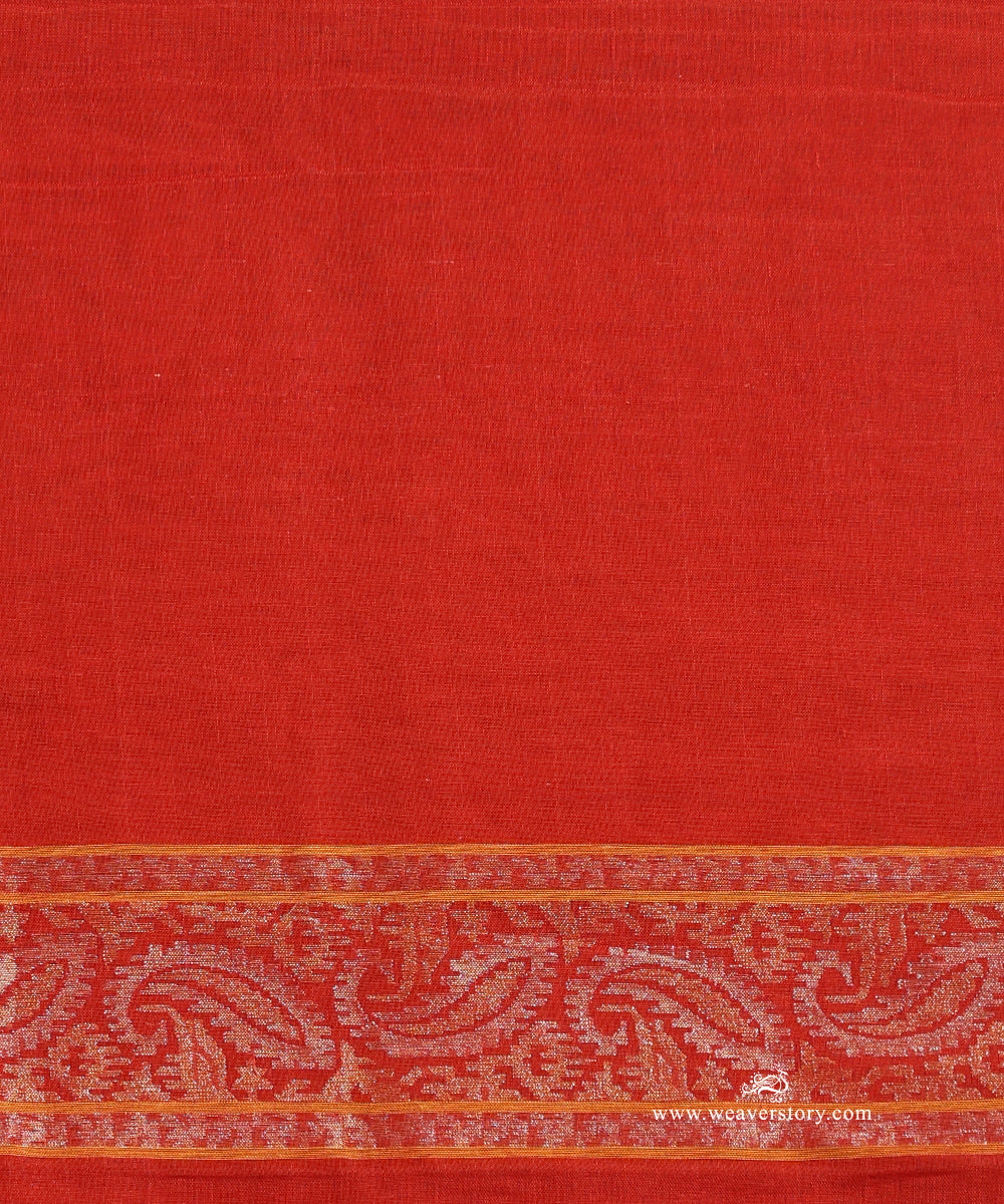 Red_Handloom_Pure_Cotton_Jamdami_Banarasi_Real_Zari_Saree_With_Yellow_Selvedge_WeaverStory_05