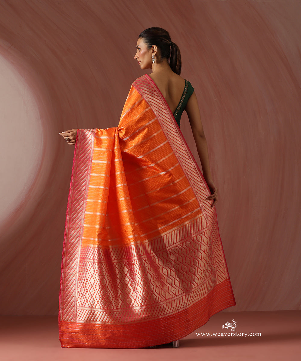 Orange_Handloom_Pure_Katan_Silk_Banarasi_Striped_Saree_With_Pink_Border_WeaverStory_03