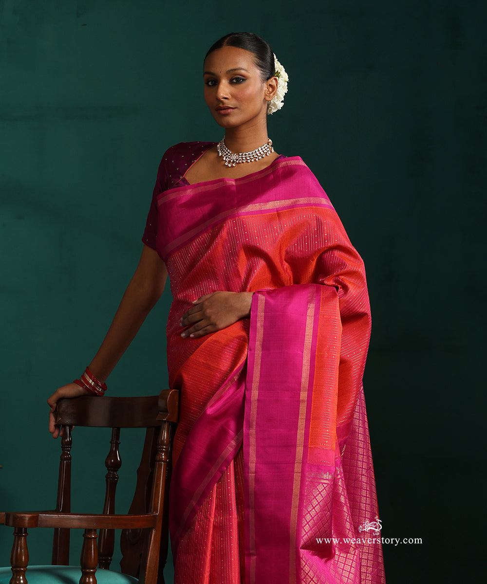 Burnt_Orange_Pure_Silk_Kanjivaram_Saree_With_Zari_Stripes_And_Majenta_Korwai_Border_WeaverStory_02