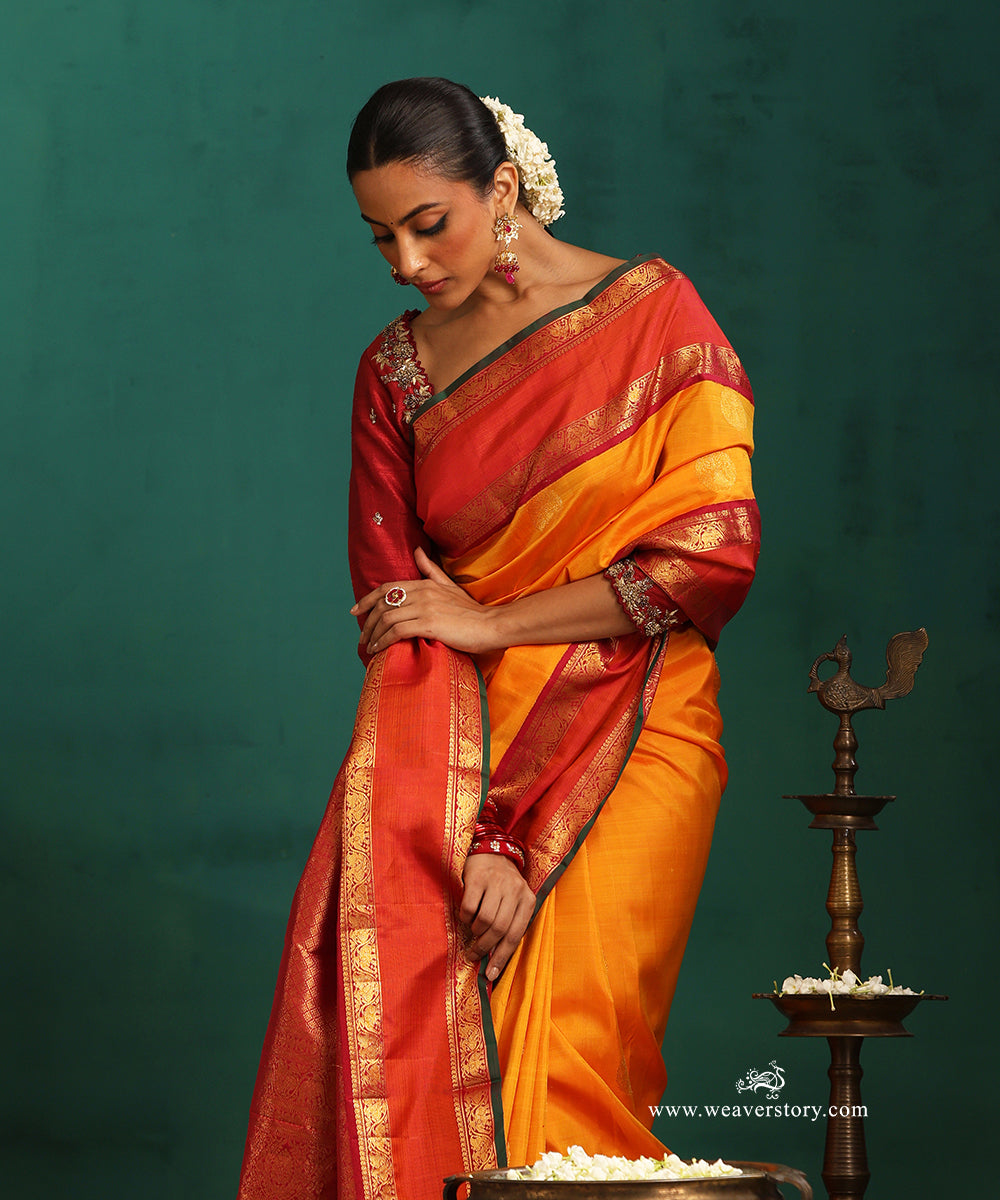 Mango_Yellow_Handloom_Pure_Kanjivaram_Saree_With_Bootas_And_Orange_And_Red_Elephant_Motifs_Korwai_Border_WeaverStory_02