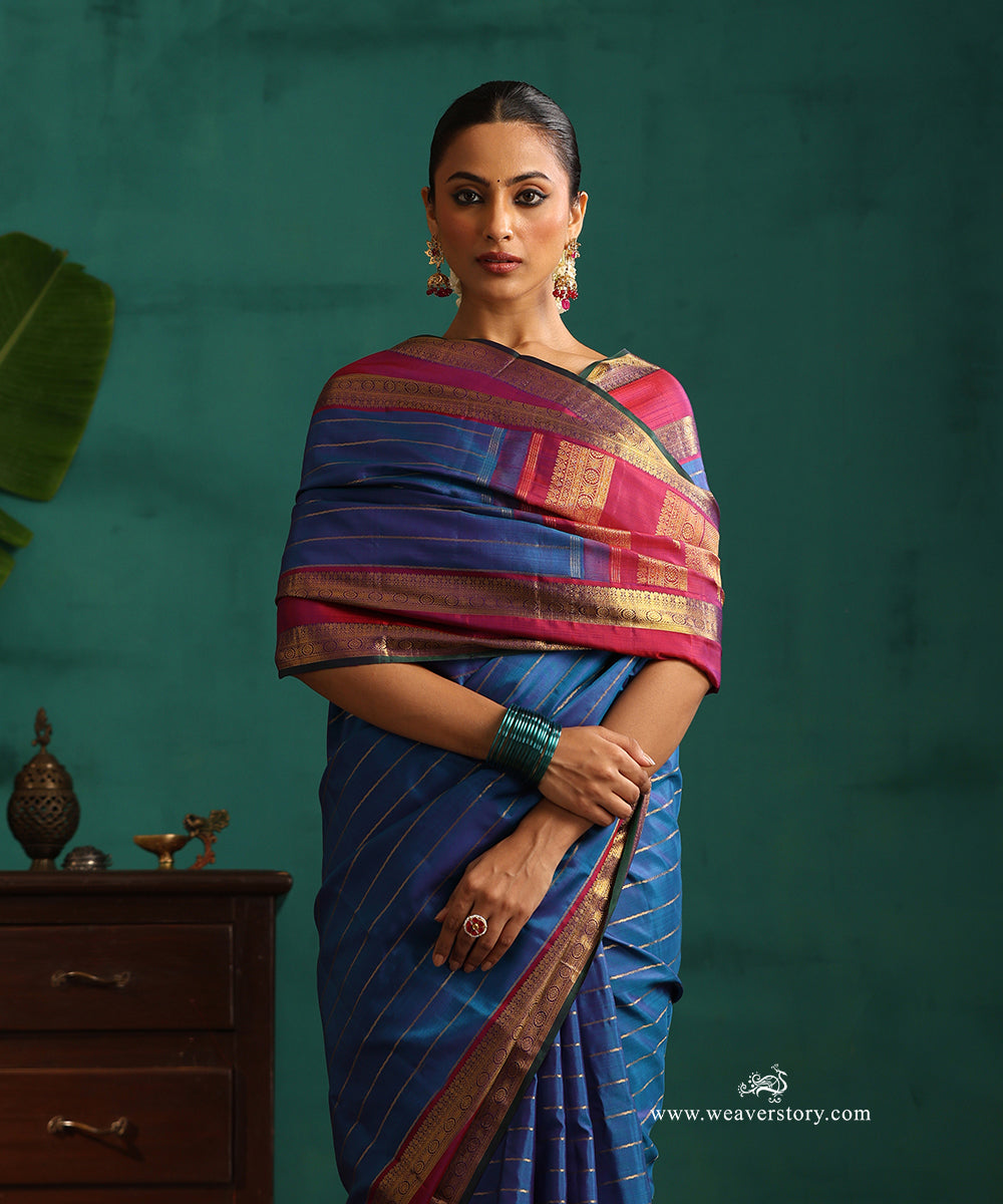 Blue_Handloom_Pure_Silk_Kanjivaram_Saree_With_Veldhari_And_Berry_Pink_Korwai_Border_WeaverStory_02