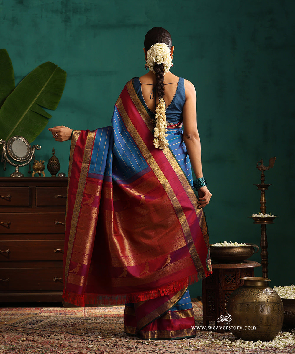 Blue_Handloom_Pure_Silk_Kanjivaram_Saree_With_Veldhari_And_Berry_Pink_Korwai_Border_WeaverStory_03