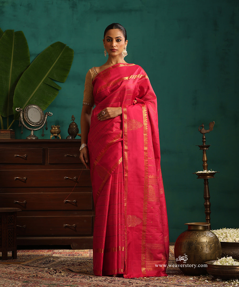 Hot_Pink_Handloom_Pure_Silk_Pure_Zari_Kanjivaram_Saree_With_Ganderberunda_Motif_With_Veldhari_And_Temple_Border_WeaverStory_01