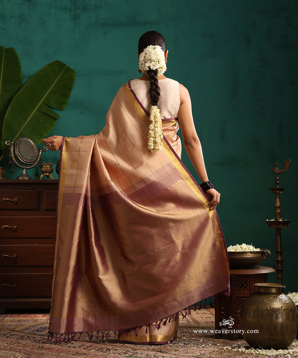 Pastel Pink Handloom Pure Silk Pure Zari Kanjiwaram Saree With Nandi Motifs And Mauve Selvedge