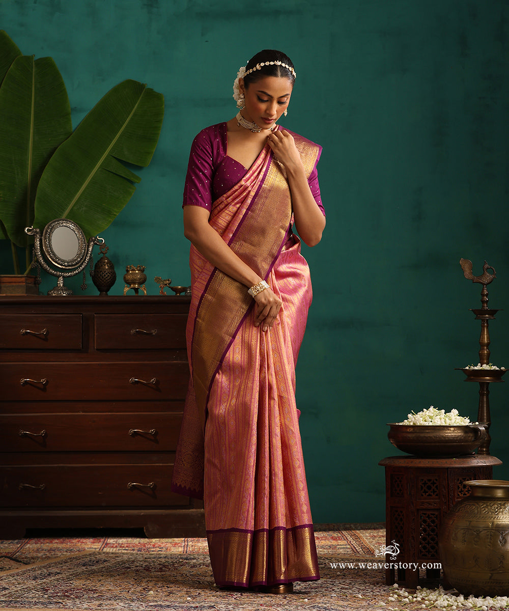 Pink_Handloom_Pure_Silk_Tissue_Saree_With_Vertical_Stripes_And_Purple_Border_WeaverStory_01