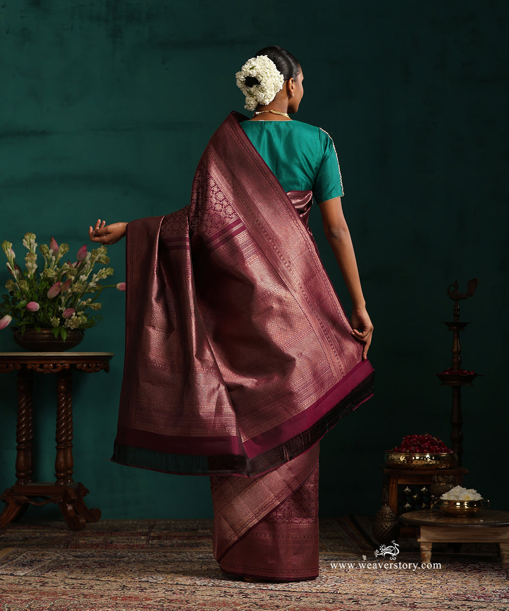 Dark_Wine_Pure_Silk_Kanjivaram_Saree_With_Antique_Zari_Floral_Jaal_WeaverStory_03