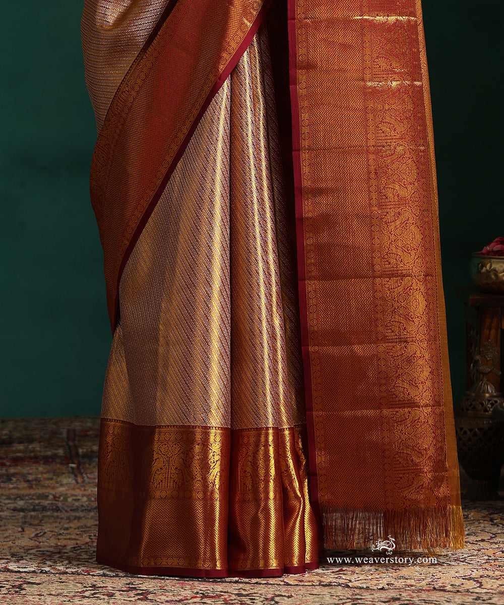Wine_And_Gold_Pure_Tissue_Silk_Kanjivaram_Saree_With_Purple_Border_With_Chevron_And_Peacocks_WeaverStory_04