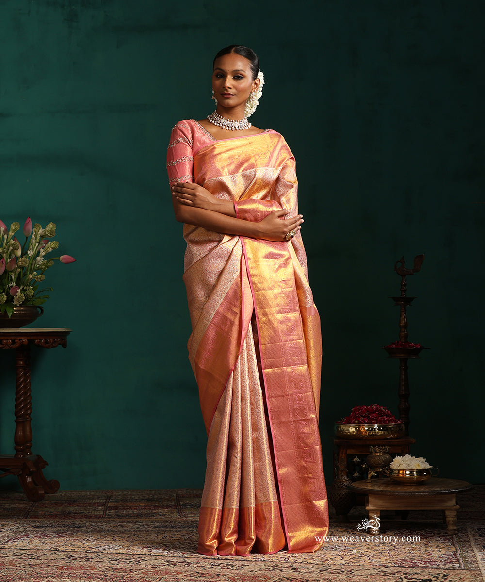 Pastel_Pink_And_Gold_Pure_Silk_Tissue_Kanjivaram_Saree_With_Delicate_Jaal_And_Elephant_Motif_Border_WeaverStory_01