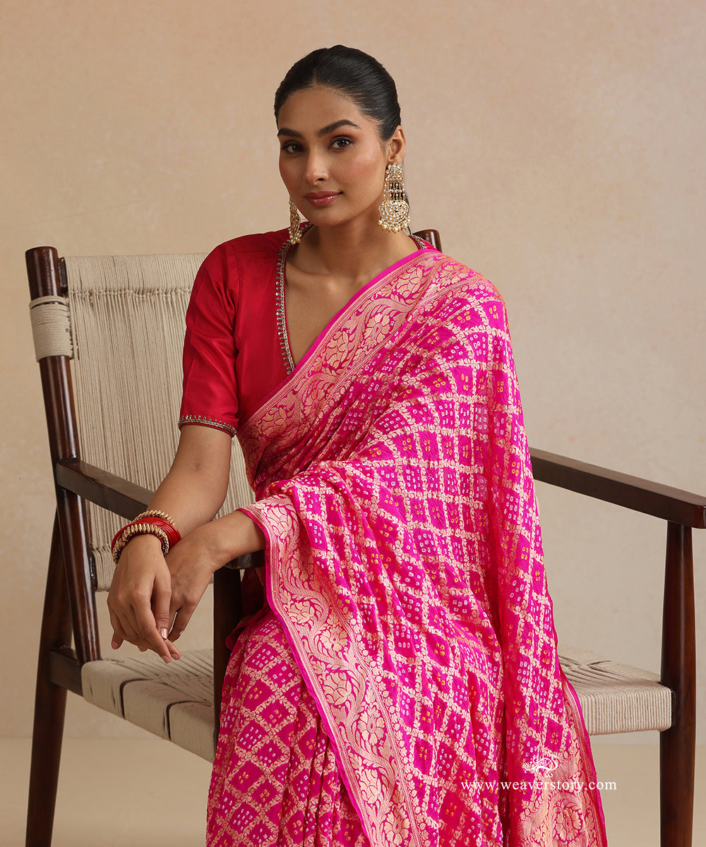 Pink_Handloom_Pure_Georgette_Banarasi_Bandhej_Saree_With_Zari_Checks_WeaverStory_02