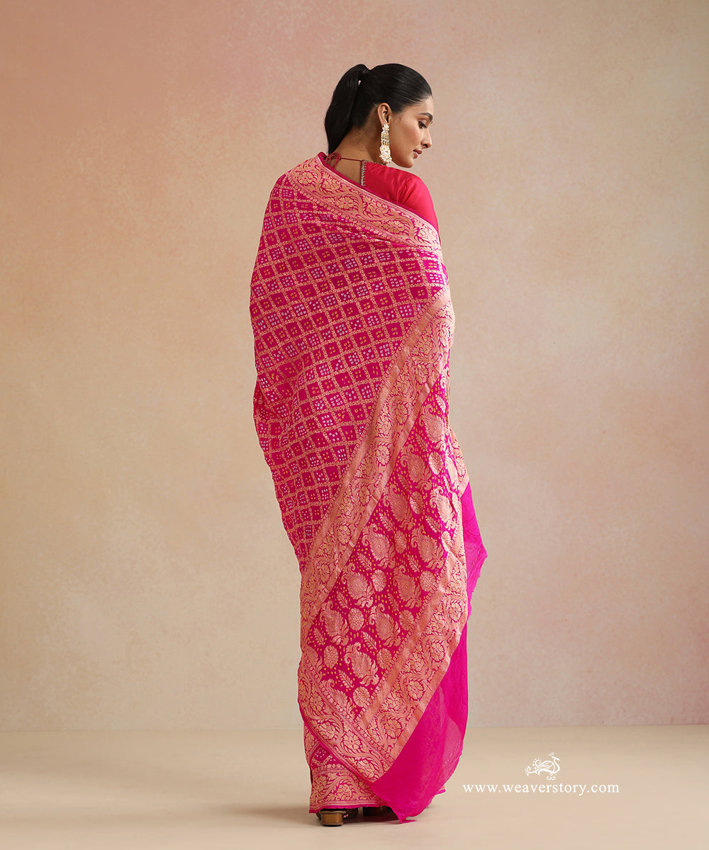 Pink_Handloom_Pure_Georgette_Banarasi_Bandhej_Saree_With_Zari_Checks_WeaverStory_03