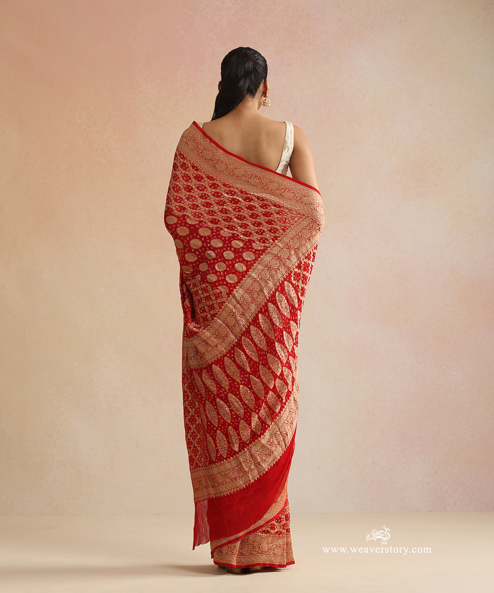 Tomato_Red_Handloom_Pure_Georgette_Banarasi_Bandhej_Saree_WeaverStory_03