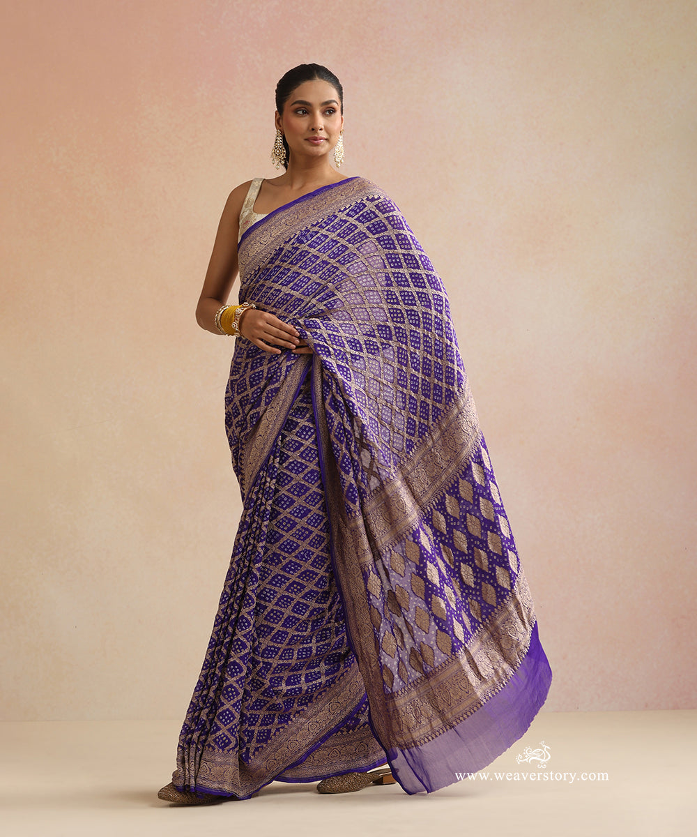 Ink_Blue_Red_Handloom_Pure_Georgette_Banarasi_Bandhej_Saree_With_Checkered_Zari_WeaverStory_01