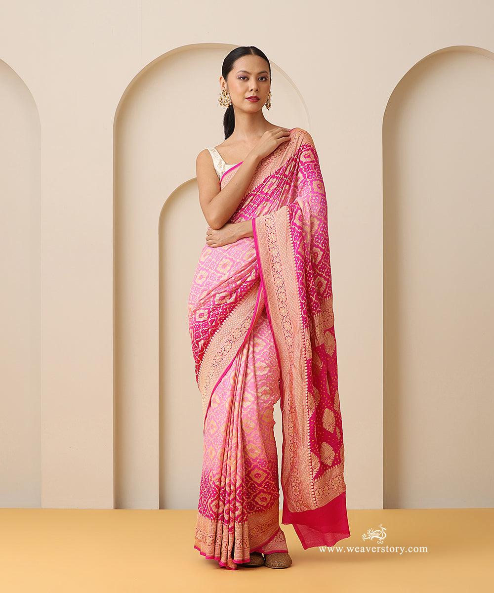 Rani_Pink_And_Baby_Pink_Shaded_Handloom_Pure_Georgette_Banarasi_Bandhej_Saree_With_Zari_Border_WeaverStory_01