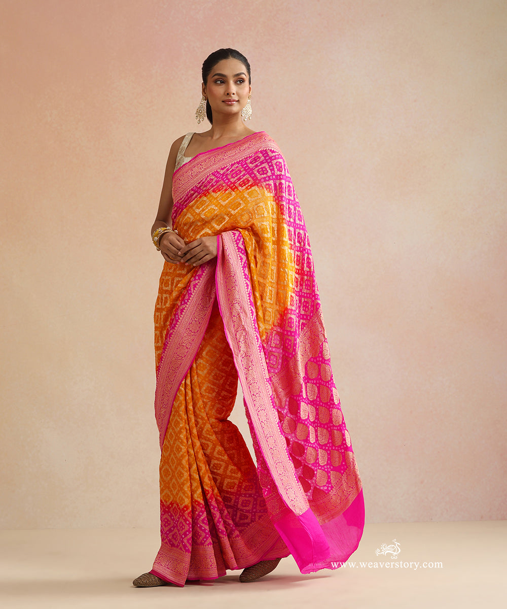 Pink_And_Yellow_Shaded_Handloom_Pure_Georgette_Banarasi_Bandhej_Saree_WeaverStory_01