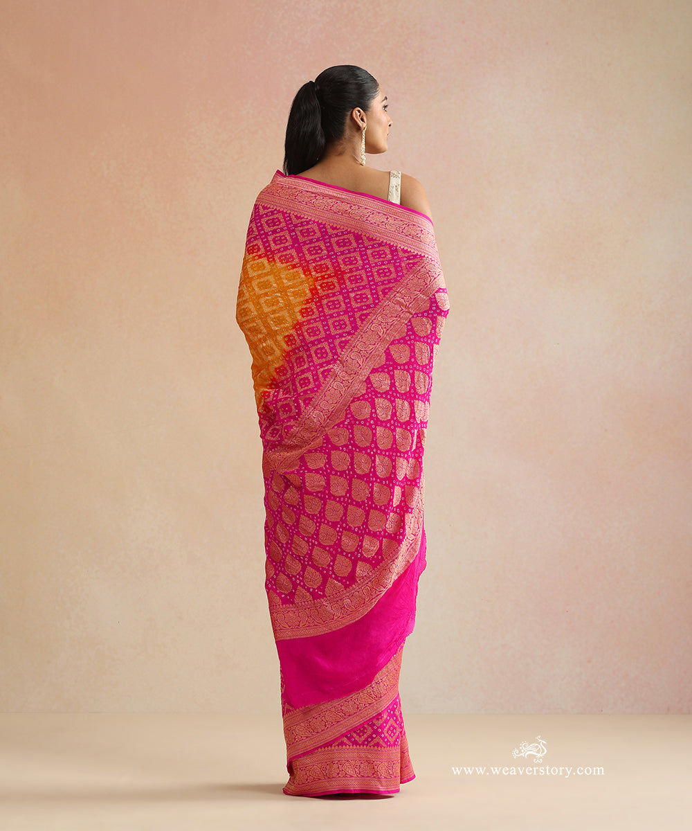 Pink_And_Yellow_Shaded_Handloom_Pure_Georgette_Banarasi_Bandhej_Saree_WeaverStory_03