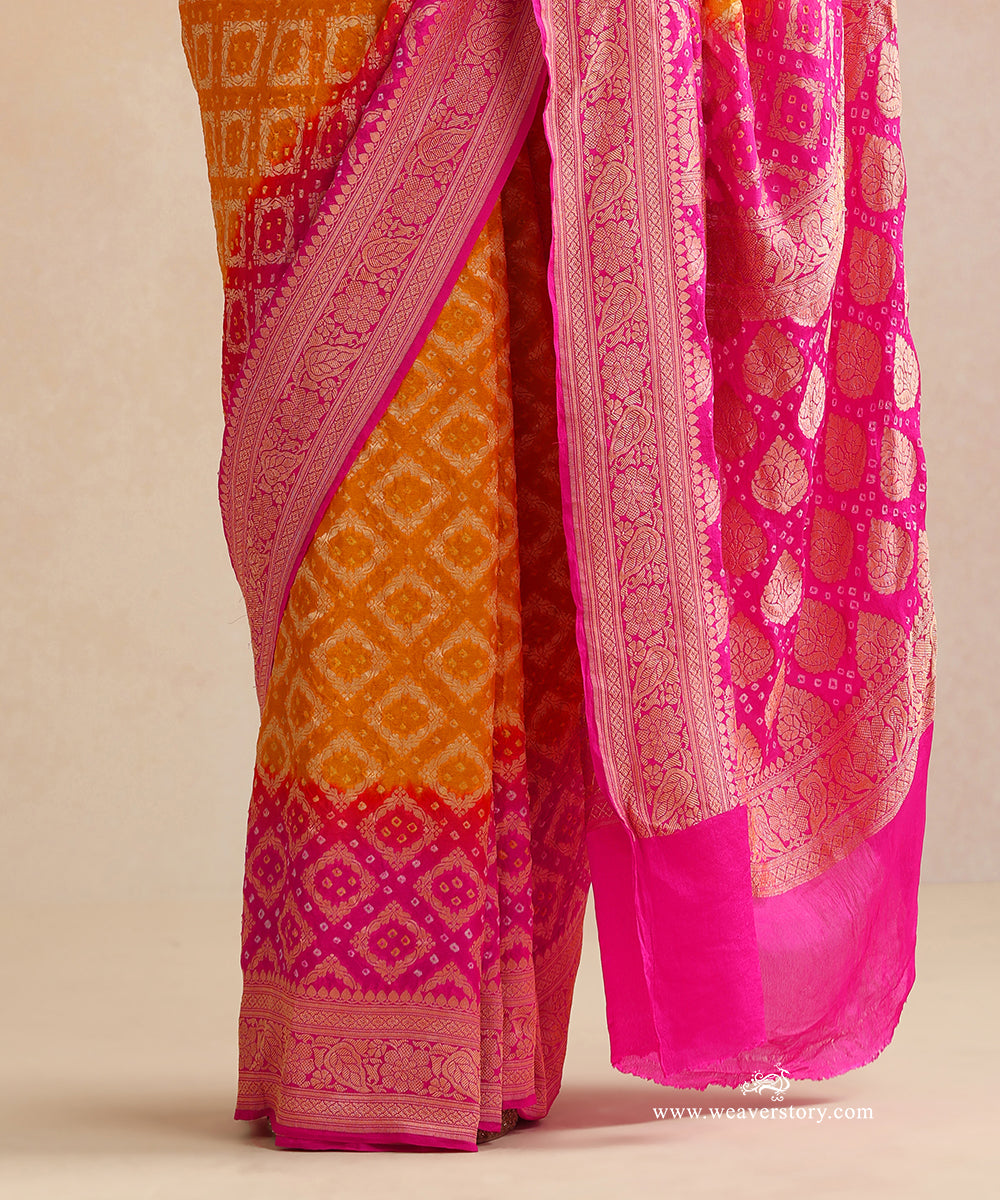Pink_And_Yellow_Shaded_Handloom_Pure_Georgette_Banarasi_Bandhej_Saree_WeaverStory_04