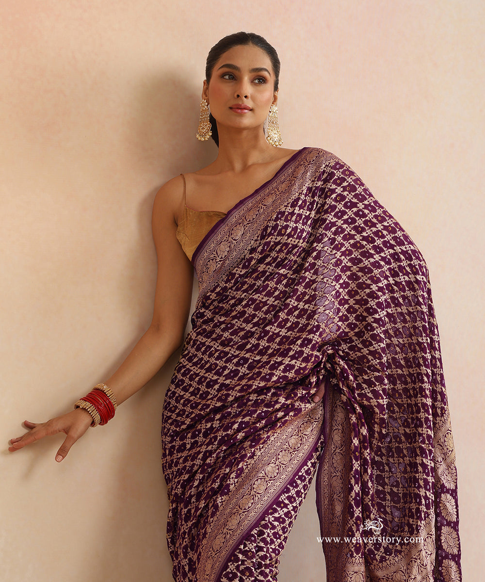Wine_Handloom_Pure_Georgette_Banarasi_Bandhej_Saree_With_Floral_Checkered_Zari_WeaverStory_02
