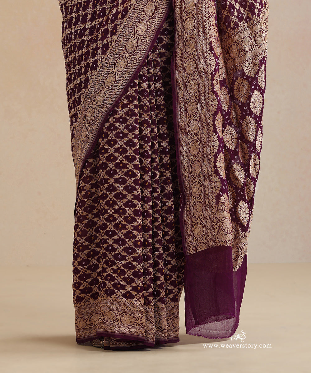 Wine_Handloom_Pure_Georgette_Banarasi_Bandhej_Saree_With_Floral_Checkered_Zari_WeaverStory_03