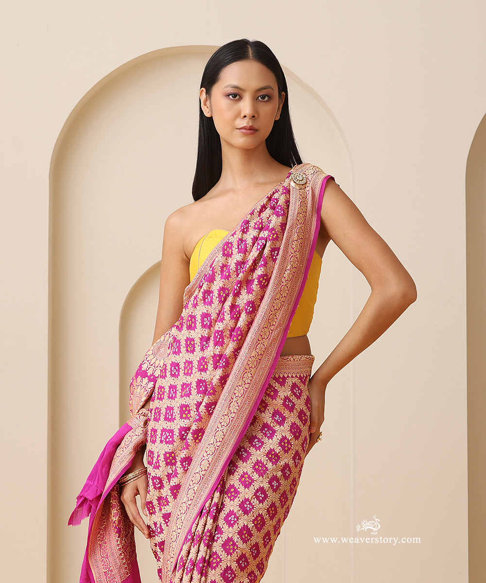 Plum_Handloom_Pure_Georgette_Banarasi_Bandhej_Saree_With_Floral_Medallion_Motifs_WeaverStory_02