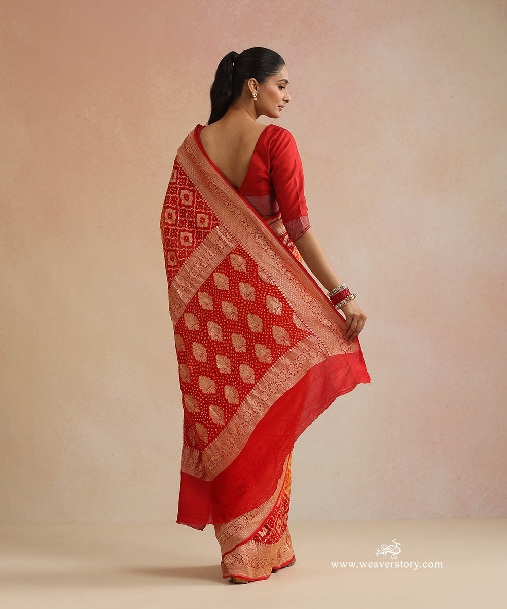 Red_And_Orange_Shaded_Handloom_Pure_Georgette_Banarasi_Bandhej_Saree_WeaverStory_03