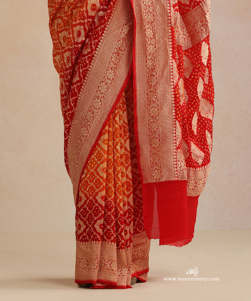 Red_And_Orange_Shaded_Handloom_Pure_Georgette_Banarasi_Bandhej_Saree_WeaverStory_04